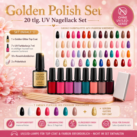 Golden UV Nail Polish Set – Set Smalti UV 20 pezzi con Golden Glitter Top Coat